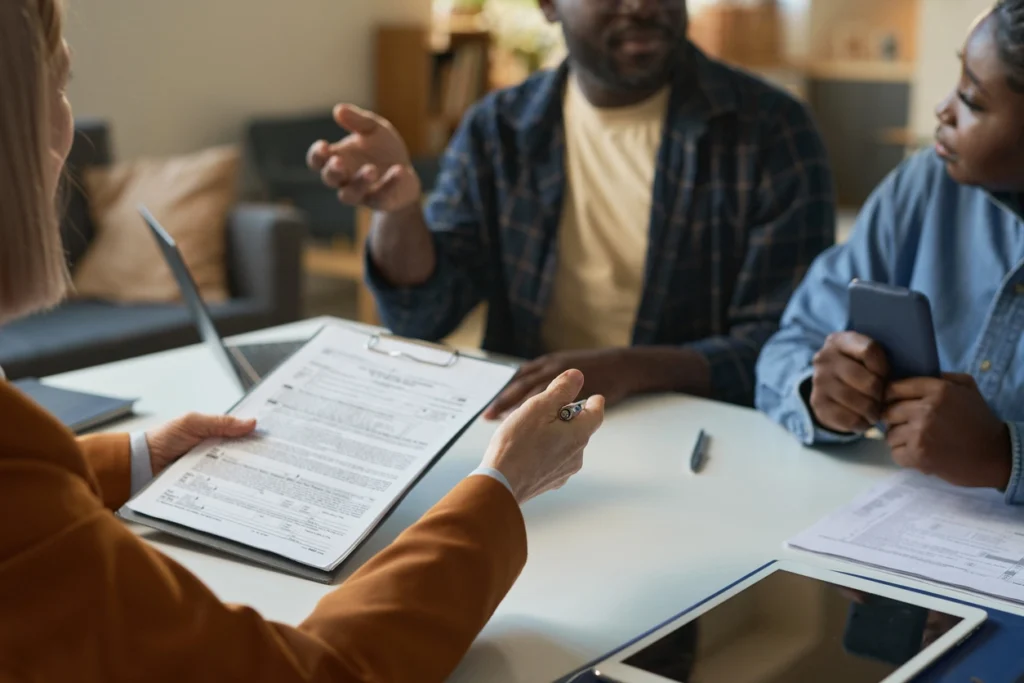 Discussion among three people over paperwork at a table, with one person holding a pen.